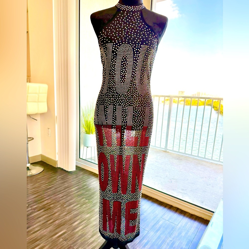 Long sheer black rhinestone dress